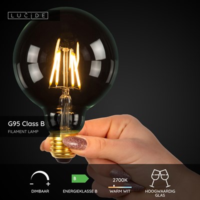 Lucide G95 Class B - Filament lamp - Ø 9,5 cm - LED Dimb. - E27 - 1x7W 2700K - Transparant